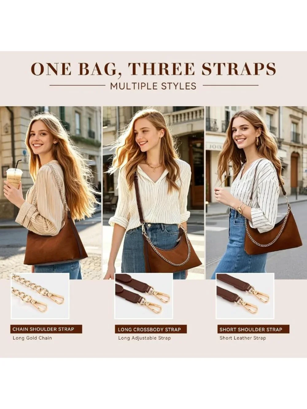 Trendy Suede Hobo Bag for Women | Small Lightweight Tote with 3 Straps & Zipper